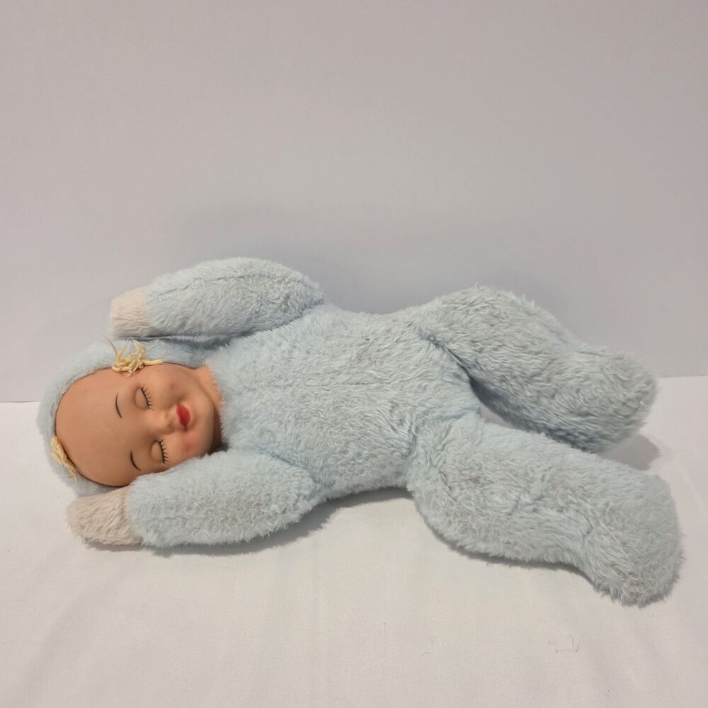Vintage Plush Stuffed Musical Wind Up 14" Sleeping Blue Baby Doll Rubber Face